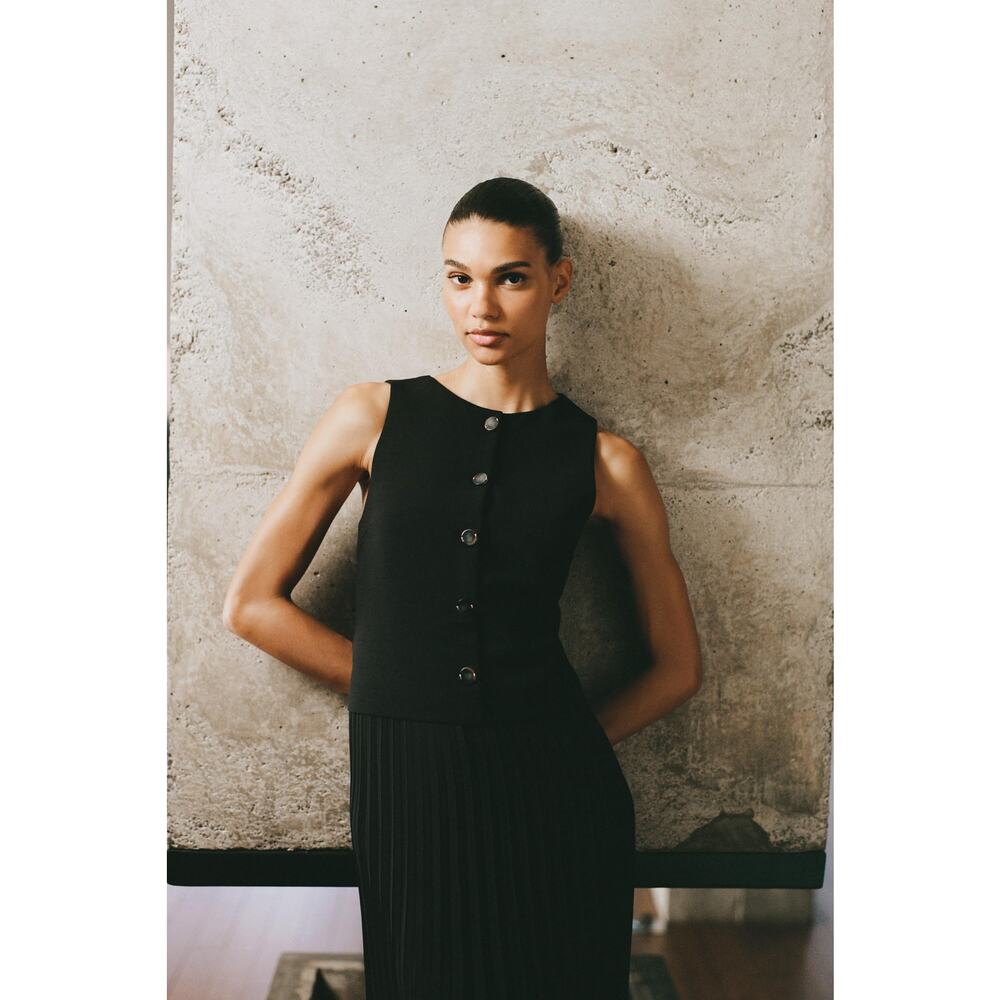 Zara | Pleated Combination Midi Dress – Black (Size M) - Picture 4 of 6